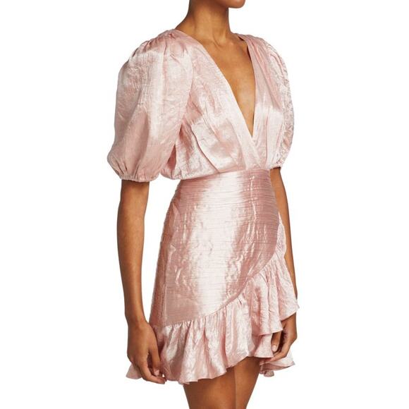 RONNY KOBO NWOT Blush Pink Satin Mindy Puff-Sleeve Faux Wrap Flounce Mini Dress - Picture 4 of 12